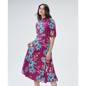 Diane Von Furstenberg Dress Womens 0 Purple Blue Floral Print Midi Puff Sleeve